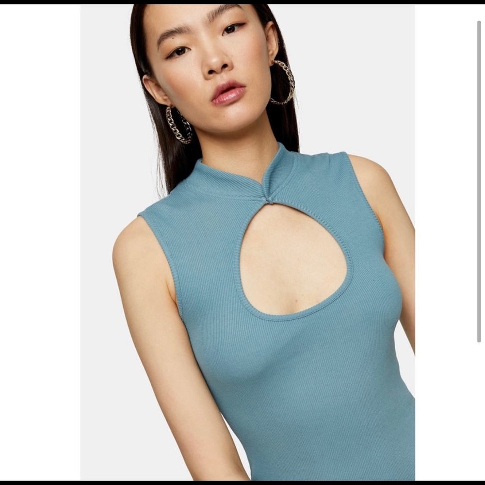 Topshop Blue Mandarin Collar Midi Dress